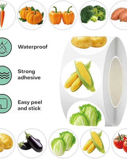 500 Pcs Funny Vegetable Stickers Roll, 10 Styles Cartoon Cute Vegetable Stickers for Teens, Waterproof Vinyl Stickers for Journal Scrapbook, Party Favors Classroom Rewards (500 per Roll)