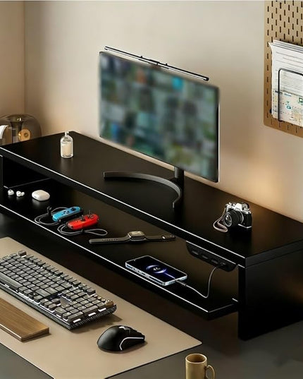 Wooden Monitor Stand Riser with Charging Ports, Dual-Layer Computer Stand, MDF Desktop Organizer for Computer, Laptop, Printer, TV, Easy Assembly Monitor Shelf of Desk(Black,50x20x15cm)