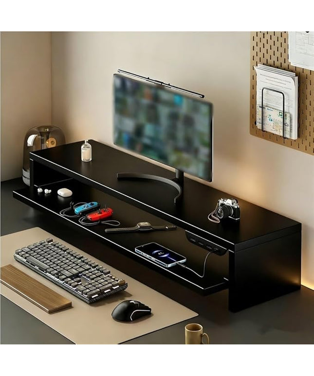 Wooden Monitor Stand Riser with Charging Ports, Dual-Layer Computer Stand, MDF Desktop Organizer for Computer, Laptop, Printer, TV, Easy Assembly Monitor Shelf of Desk(Black,80x20x15cm)