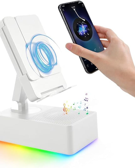 Wireless Induction Bluetooth Speaker, 5-in-1 Foldable Phone Holder, 1500mAh Emergency Charging, Colorful LED Ambient Light, Tech Gadgets Gifts for Men Women, for iPhone Android Tablet, Ivory