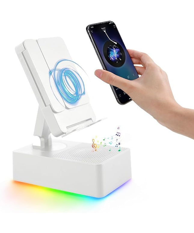 Wireless Induction Bluetooth Speaker, 5-in-1 Foldable Phone Holder, 1500mAh Emergency Charging, Colorful LED Ambient Light, Tech Gadgets Gifts for Men Women, for iPhone Android Tablet, Ivory