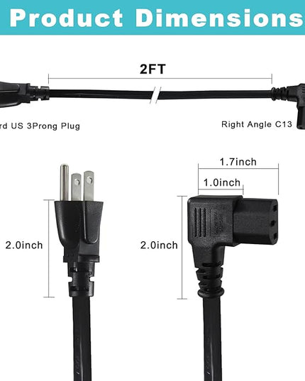 2FT 90 Degree Computer Monitor Power Cord - Straight Plug NEMA 5-15P to Right Angle C13 Power Cord, 13A 125V, 16AWG, Black Replacement Angled Printer/TV 3 Prong AC Power Cord, PC Power Supply Cable