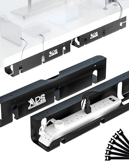 APS Under Desk Cable Raceway Tray 2 Pack - 16" Sturdy Metal Cord Organizer, No Drill Clamp Mount for Wire Hiding, Holds 15lbs+ for Office Home Desks - Black
