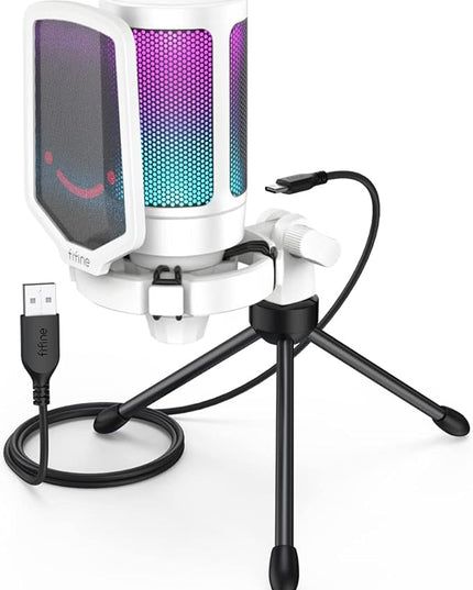 FIFINE AmpliGame USB Microphone, PC Gaming Recording Desktop Laptop Mic, RGB Streaming Podcasting Condenser Mic for Online Game, Vocal, with Mute Button, Gain Knob, Tripod Stand-A6V White