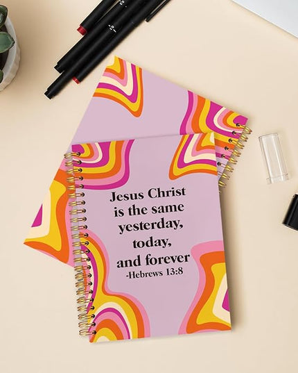 Christian Spiral Journal Notebook 5.5x8.3in, Groovy 70s Retro Pink and Orange Jesus Journal for Women, Prayer Journals for Woman, Religious Notebooks for Note Taking, Hardcover Notebook