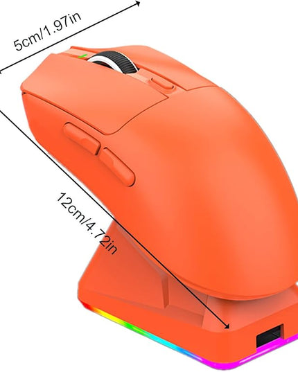 Lightweight Gaming Mouse, RGB Light 3 Mode Connection with 6 Adjustable DPI 800 12000, 7 Customizable Buttons, with Magnetic Charging Base (Orange)