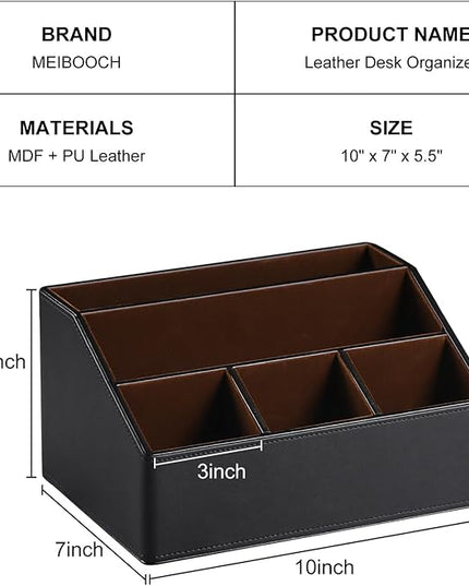MEIBOOCH PU Leather Desk Organizer, Luxury Remote Control Holder for Home, Office Desk Accessories Table Caddy Bedside Nightstand Organizer (Black)