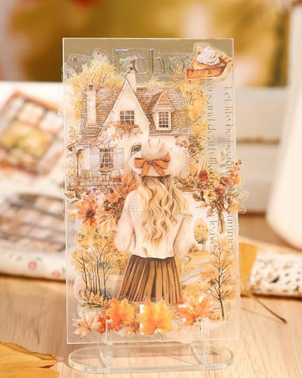 Dwpetzo Fall Landscape Pre-Cut Autumn Journal Sticker Book, Transparent PET Watercolor Scrapbook Stickers for Junk Journaling Supplies, Scrapbooking, Collage, Bujo, 20 Sheets