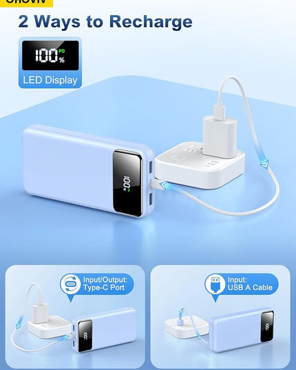 Portable Charger Power Bank 50000mAh Battery Pack, 22.5W Fast Charging PowerBank with Built in Cables,Travel Essential USB-C Portable Phone Charger for iPhone Samsung Pixel Android iPad-Blue