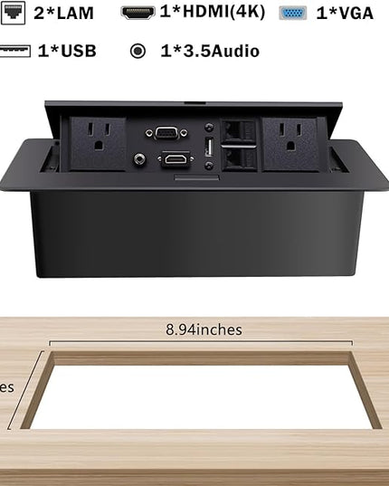 Pop Up Outlet; Pop up Power Strip; Embedded countertop Connection Outlet Box; 2 Power Outlets,HDMI USB VGA 3.5mm Audio Network Port Conference Table Multimedia Outlet Box - Black