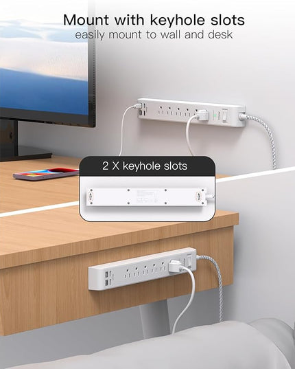 2 Pack Power Strip, 12FT Long Extension Cord, Surge Protector with 6 Outlets and 4 USB Ports (2 USB C), Flat Plug Overload Protection, Extension Cord 10+ ft, Wall Mount for Home Office Dorm College
