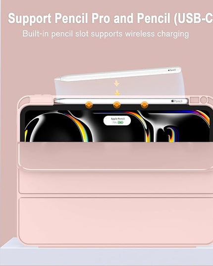 ZryXal iPad Pro 11 Inch Case (M5) 2025/ (M4) 2024 (Model: A2836/A2837/A3006), Trifold Stand Smart Cover with Pencil Holder and Soft TPU Back, Auto Wake/Sleep (Rose Pink)