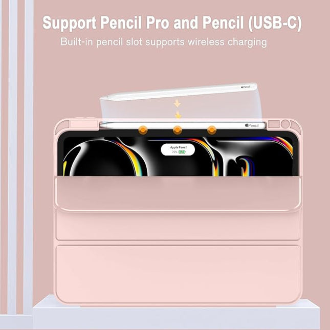 ZryXal iPad Pro 11 Inch Case (M5) 2025/ (M4) 2024 (Model: A2836/A2837/A3006), Trifold Stand Smart Cover with Pencil Holder and Soft TPU Back, Auto Wake/Sleep (Rose Pink)