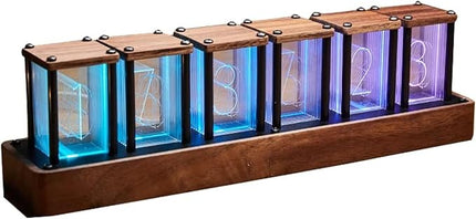 Adventurers Nixie Tube Clock , Cool Clock, Retro Wooden Shell /LED Full Color Custom RGB and 12/24h Display,Decorate Room
