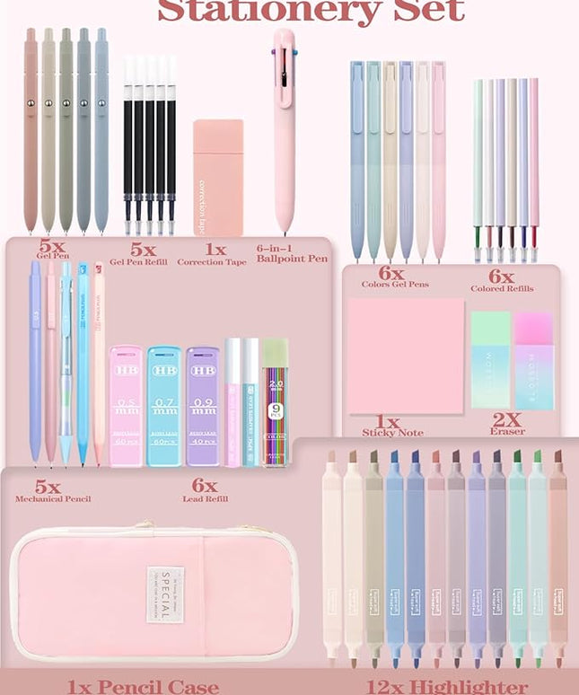 54Pcs Aesthetic School Supplies Set with Large Pastel Pencil Case 12 Dual Tip Highlighters, 6 Gel Pens, 5 Black Pens, 5 Mechanical Pencils (0.5-2.0mm) for Students Stationary College Essentials Gifts