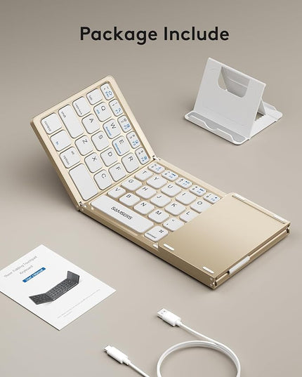 Samsers Foldable Bluetooth Keyboard with Touchpad - Portable Wireless Keyboard with Holder, Rechargeable Full Size Ultra Slim Pocket Folding Keyboards for Android Windows iOS Tablet & Laptop - Gold