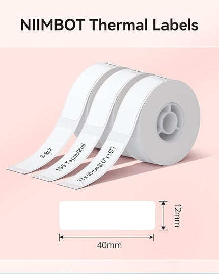 NIIMBOT Label Maker Tape for D11/D110/D101 Label Maker, 12 x 40 mm (0.47'' x 1.57''), 3Rolls for Home Office Labeling Tape Replacement, White