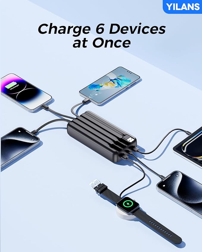 Portable Charger,50000mAh Power Bank Built-in Cable, 22.5W USB C In & Out Fast Charging, External Battery Pack with 6 Output & 2 Input, Travel Phone Charger for iPhone 17/16/15/14/13/12, Android