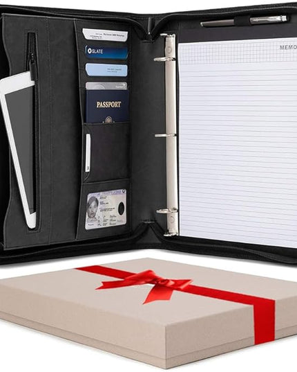 Forevermore Portfolios Padfolio Binder - Professional Faux Leather Travel Organizer Pouch for Tablet, Documents, Presentation Folders, Zipper Closure, Removable 3-Ring Notepad - Black