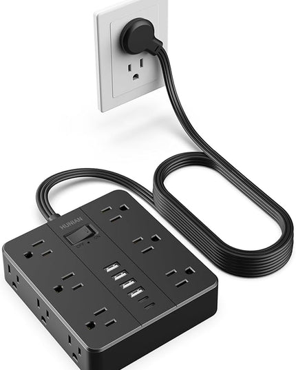Surge Protector Power Strip 15 Ft Cord, HUNIAN Flat Plug Extension Cord with 12 Widely Spaced Outlets 6 USB Charger (2 USB C Ports), Desk Charging Station for Home Office Supplies, Dorm Room, Black