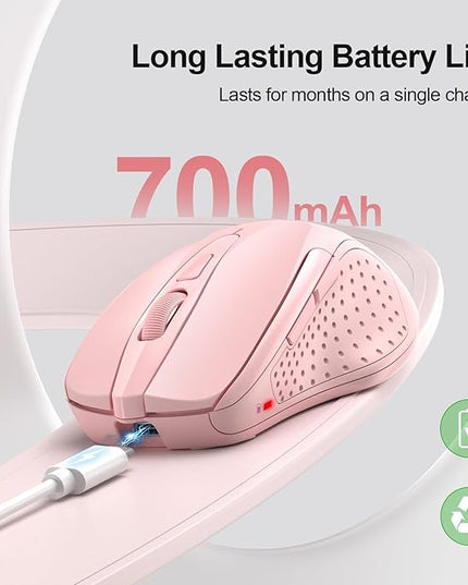 TECKNET Wireless Mouse (BT5.0/3.0 & 2.4G) Rechargeable 4800 DPI Silent USB A & Bluetooth Mouse 6 Buttons, Wide Compatibility - Pink