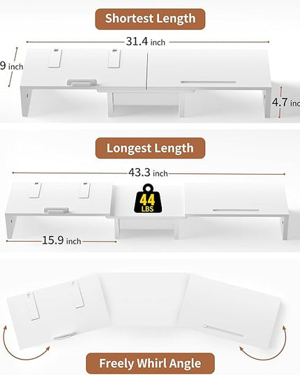 Dual Monitor Stand Riser - Computer Monitor Stand for 2 Monitors，Office Desktop Organizer，Adjustable Length and Angle 3 Shelf with Storage Drawer Phone Holder for Monitors and Laptops-White