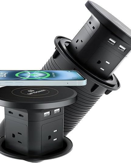 9-in-1 Pop-Up Outlet with Wireless Charging – 4 AC & 4 USB Ports, 2500W Overload Protection, 100-240V Global Voltage, 4-1/8" Cutout – Hidden Countertop Power Hub for Kitchen, Office, etc.（2-Pack）
