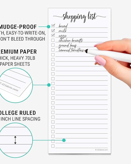 321Done 2-Pack Slim Shopping List Notepad, Made in USA - 3.7x8.5, College Ruled, Minimalist Stylish Handheld Grocery List, Store, Market, Pad for Planning, Organizing, Meal Prep - 50 Sheets per Pad