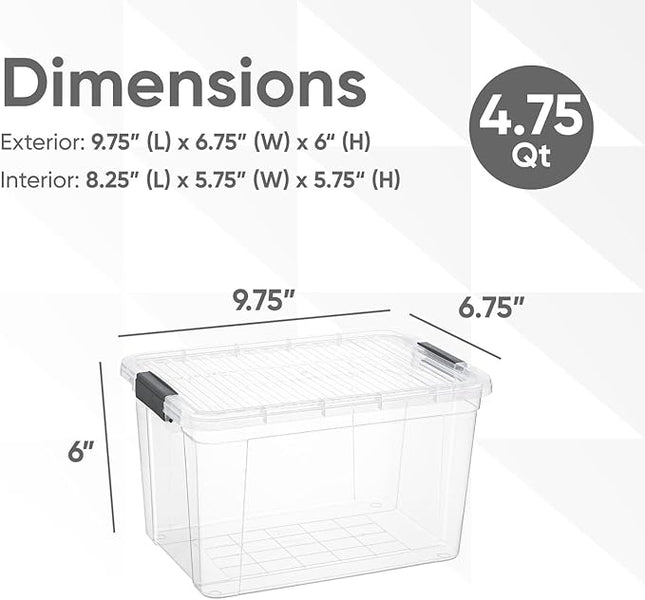Superio Storage Bins with Lids- 6 Pack, 4.75 Qt Clear Boxes for Organizing, Stackable Plastic Containers- BPA Free, Non-Toxic, Odor Free, Organizer for Home, Office, Dorm