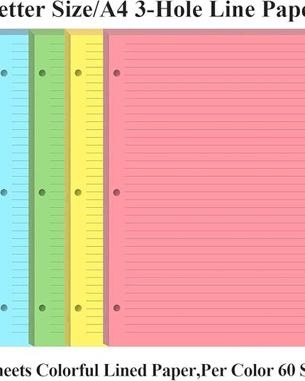 (3-Pack) Colorful 3 Hole Lined Paper - 300 Sheets/600 Pages Loose Leaf Paper Line Refills, Per Color 60 Sheets, 8.5" x 11"