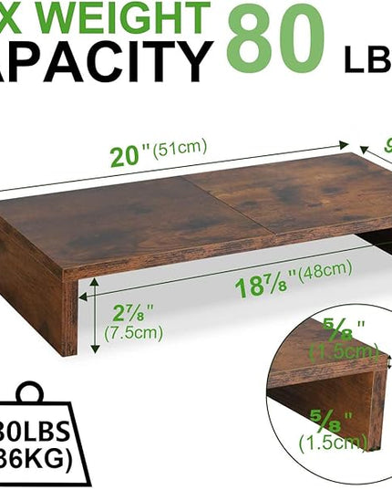 TEAMIX 2 Pack Monitor Stand Riser-20 inch, Wooden Tabletop Shelf for TV/PC/Laptop/Printer, Rustic Brown Monitor Riser with Storage, Computer Stand Ergonomic Design