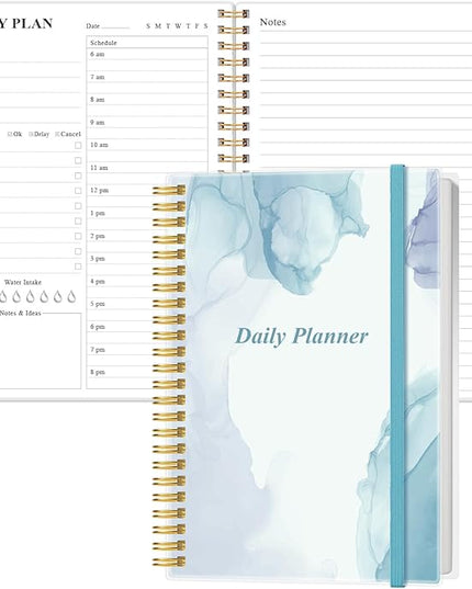 Daily Planner Undated - A5 To Do List Notebook Hourly Schedules, Spiral Appointment Planner for Women and Men, PVC Hardcover, Inner Pocket, Elastic Closure, 5.8" x 8.3", Blue Watercolor