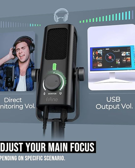 FIFINE USB-Podcast-Condenser-Microphone for Studio-Recording/Computer-Streaming, Desktop-Metal-Mic for YouTube Music Vocal Creation, with Monitor-Mix Volume-Control, Low-Cut Switch (PROFILE3)