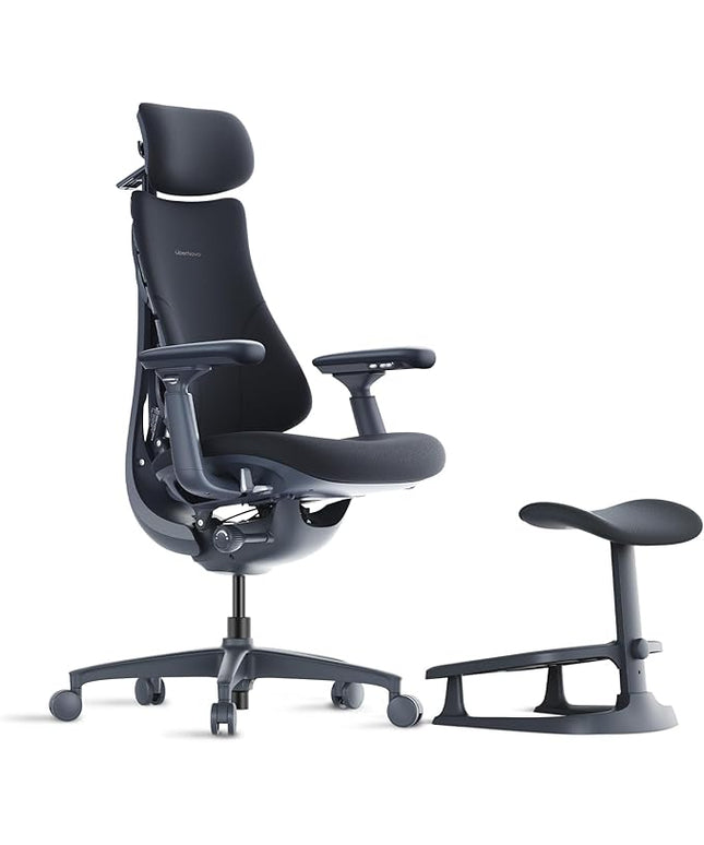 LiberNovo Dynamic Ergonomic Desk Chair + StepSync Footrest Bundle - Comfy Home Office Chair with Adaptive Lumbar Support, 160° Recline & Built-in Spine Stretch, Black+48cm