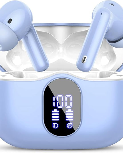 Wireless Earbuds, Bluetooth 5.4 Headphones Bass Stereo, Ear Buds with Noise Cancelling Mic, LED Display in Ear Earphones Clear Calls, IP7 Waterproof Bluetooth Earbuds for Laptop/Phones, Pale Blue