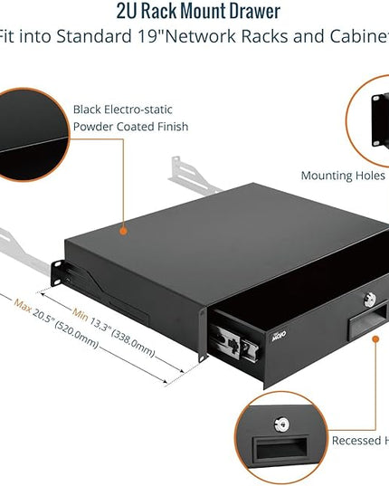 Tecmojo 2U Rack Drawer,Rack Mount Drawer for 19in Network Equipment/Server/AV Rack or Cabinet Enclosure,Sliding and Lockable Server Rack Drawer - Load-Bearing 44lb (20kg),with Cable Management Holes