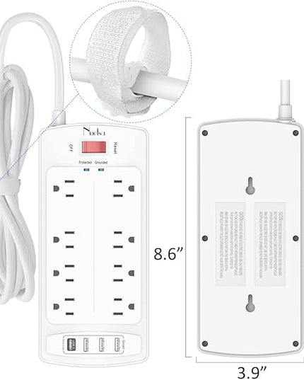 6FT Surge Protector Power Strip, Nuetsa Extension Cord with 8 Outlets and 4 USB Ports, 6 Feet Power Cord (1625W/13A), 2700 Joules, ETL Listed, White