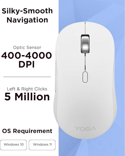 Lenovo Yoga Bluetooth Silent Mouse, 3 Level DPI Adjustment, 36 Month Battery Life, Bluetooth 5.3, 3 Device Paring, Whisper Quiet, Programmable Buttons, Smooth Finish, Seashell
