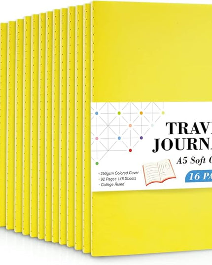 16 Pack Soft Cover Journal Bulk, Feela Lined Notebooks College Ruled for Work for Women Girl Writing, Blank Travel Journal Note Taking Notebook School Business Supplies, 8.2” x 5.5”, A5, Lemon Yellow
