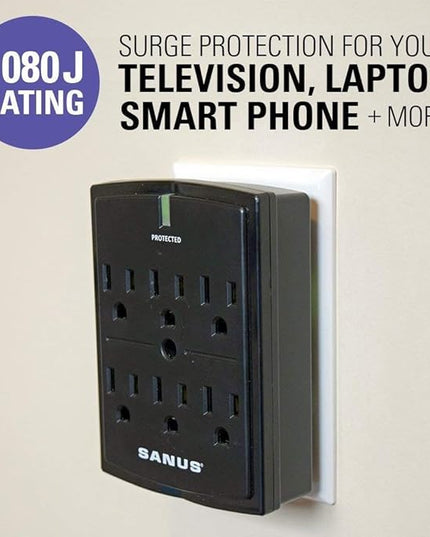 SANUS On-Wall Low Profile 1080J Fireproof Surge Protector with 6 AC Outlets & 3 Lines of Protection - Includes Power Signal Filtering Black