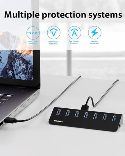 Achoro 7 Ports Powered USB HUB – 2nd Generation 10GB Super Speed External USB Port – USB 3.2 Aluminium USB Hub for Computer, Mac, PCs, Smartphone & Tablets – Computer Multiple USB Hub (Powered Black)