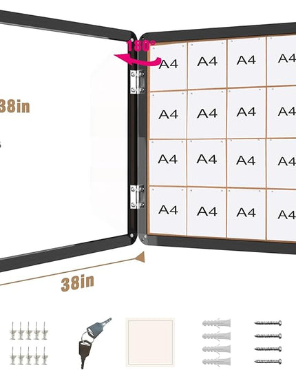Mifuro 38"x38" Enclosed Bulletin Board, Lockable Weather-Resistant Aluminum Cork Noticeboard for School & Office, Black Frame w/Cork