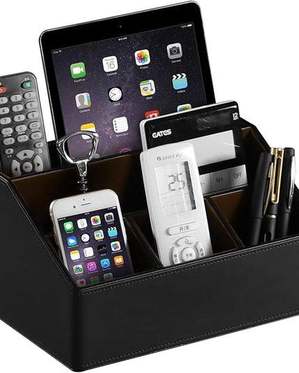 MEIBOOCH PU Leather Desk Organizer, Luxury Remote Control Holder for Home, Office Desk Accessories Table Caddy Bedside Nightstand Organizer (Black)