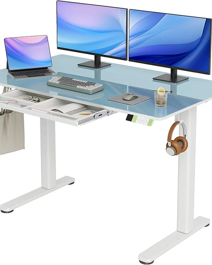 INNOVAR Glass Standing Desk with Drawers, Adjustable Height Stand Up Desk, Electric Standing Desks with Storage, 48 inch, Morandi Blue