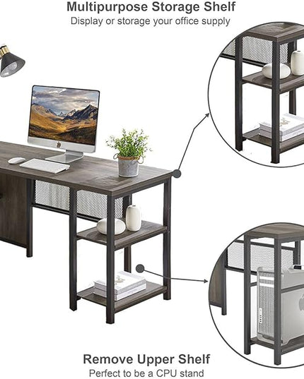 FATORRI L Shaped Desk, Industrial Reversible Home Office Computer Desk with Wood Shelves, Corner Desks with Metal Legs (Walnut Brown, 59 Inch)