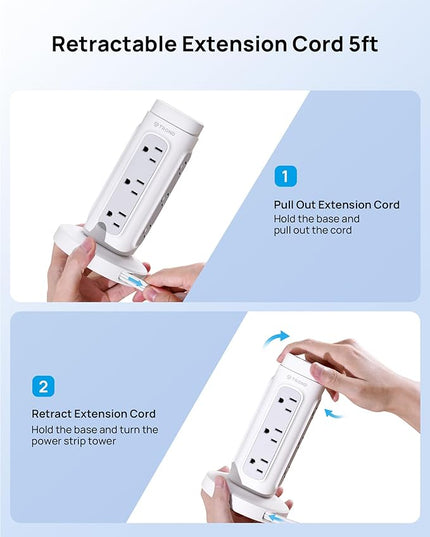 TROND Rotating Plug Power Strip Tower PD 20W - 5ft Retractable Extension Cord Surge Protector, 12 Outlets, 4 USB, 1700J Protection, Space Saving Home Office Desk Supplies, Dorm Room Essentials