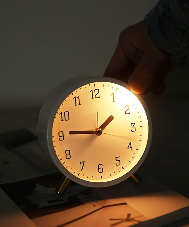 SHISEDECO Alarm Clock with Backlight, 4.5 inches Bedside Analog Non-Ticking Silent Small Deskclock with Arabic Numerals, Battery Operated Round Tableclock for Living Room, Bedroom (White)