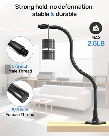 19" Universal Flexible Microphone Gooseneck Stand, 5/8"Male and Female Threads, High Load-bearing, Durable Aluminum Alloy Construction for DIY Projects, Black