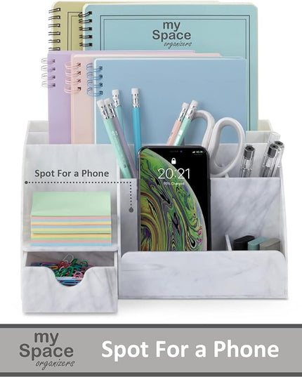 My Space Organizers Marble Desk Organizer For Office Supplies And Accessories - 9 Sections - Pencil Pen Holder Storage - Desktop Organization Decor Essentials (White Grey Marble)