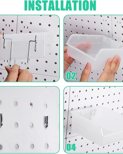 Roowest 60 Pcs Pegboard Cups Pegboard Bins Set, Wall Organizer with Hooks and Loops, Hooks Assortment Organizer Accessory for Office Storage Garage Craft Workshop(Clear)